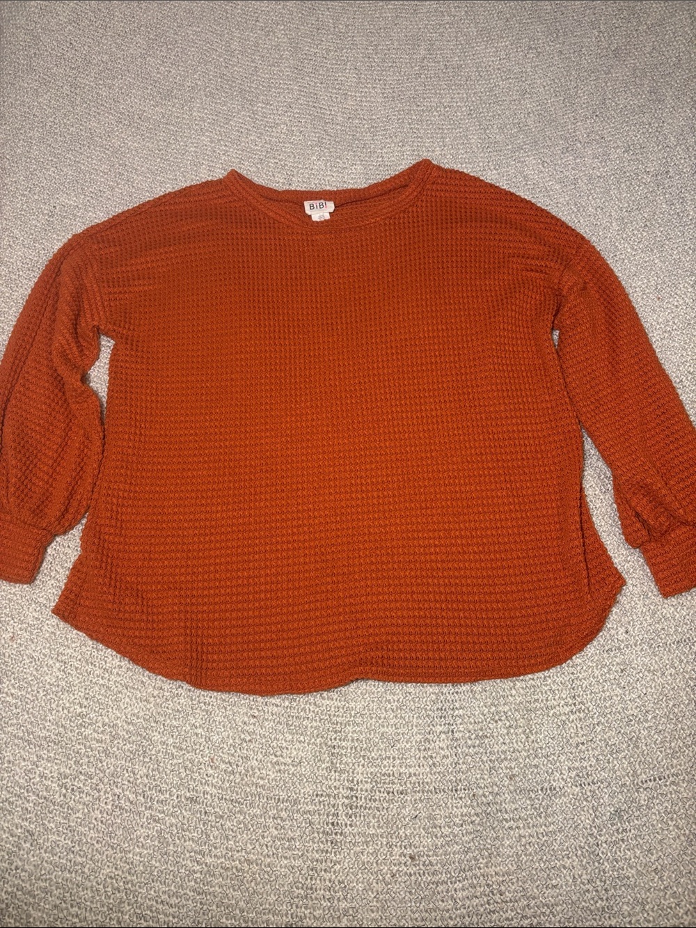 BiBi Textured Waffle-Knit Long Sleeve Top in Rust Orange